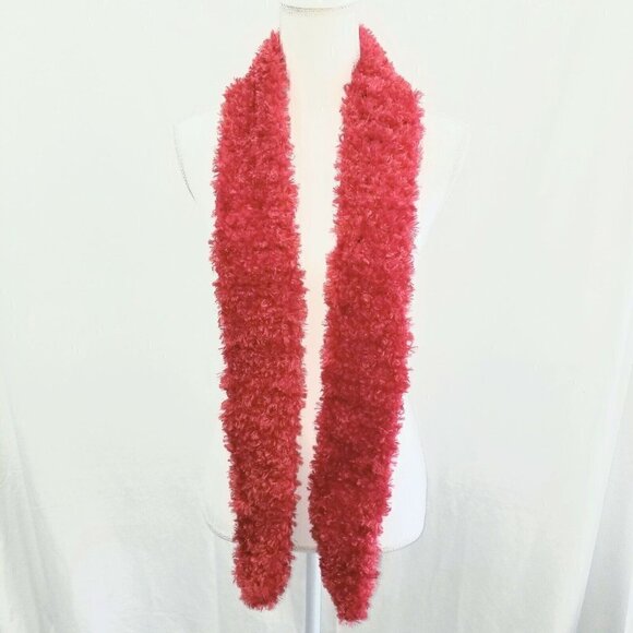 Red Winter Scarf Satin Boa Yarn Fuzzy Warm Holidays Winter Handmade Crochet - Picture 5 of 9